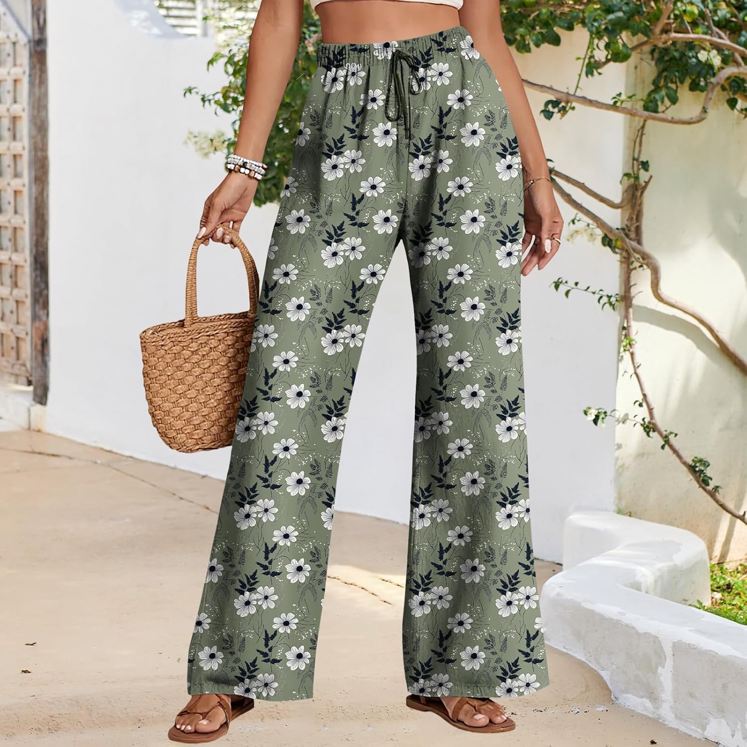 Women's Wide Leg Floral Print Pants High Waist Loose Fit Loose Fit Summer Trousers with Pockets Bohemian Style