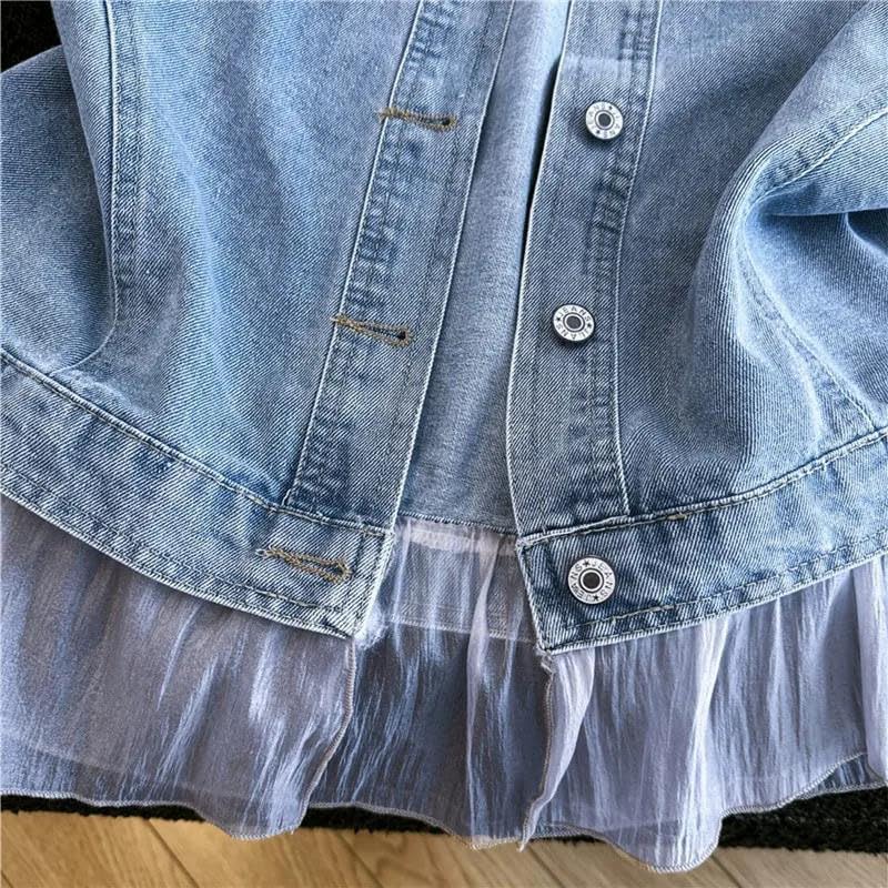 Womens Mesh Patchwork Vest Sleeveless Jean Waistcoat Lapel Collar Button Front Cropped Jacket
