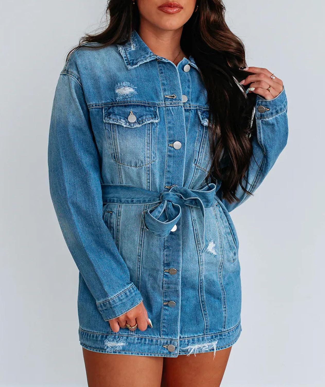Women's Distressed Jacket Button Down Long Sleeve Ripped Spring Fall Oversized Jean Mini Dress Outerwear
