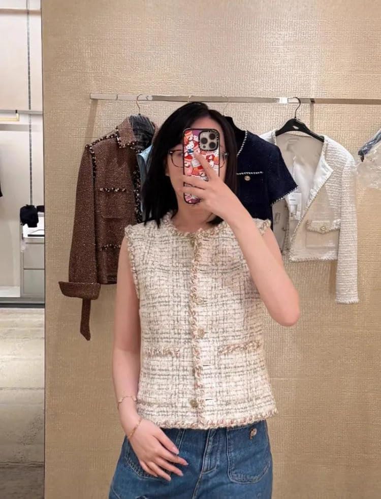 Women Tweed Vest Sleeveless Button Front Slim Fit Office Lady Casual Waistcoat