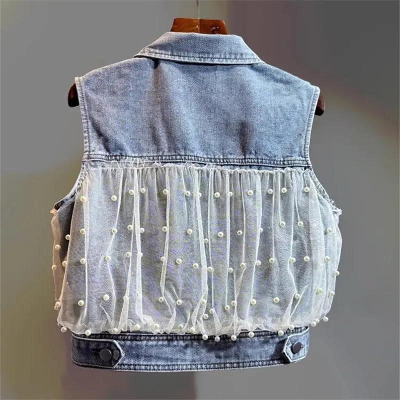 Womens Pearls Beaded Vest Sleeveless Jean Waistcoat Mesh Patchwork Cropped Jacket