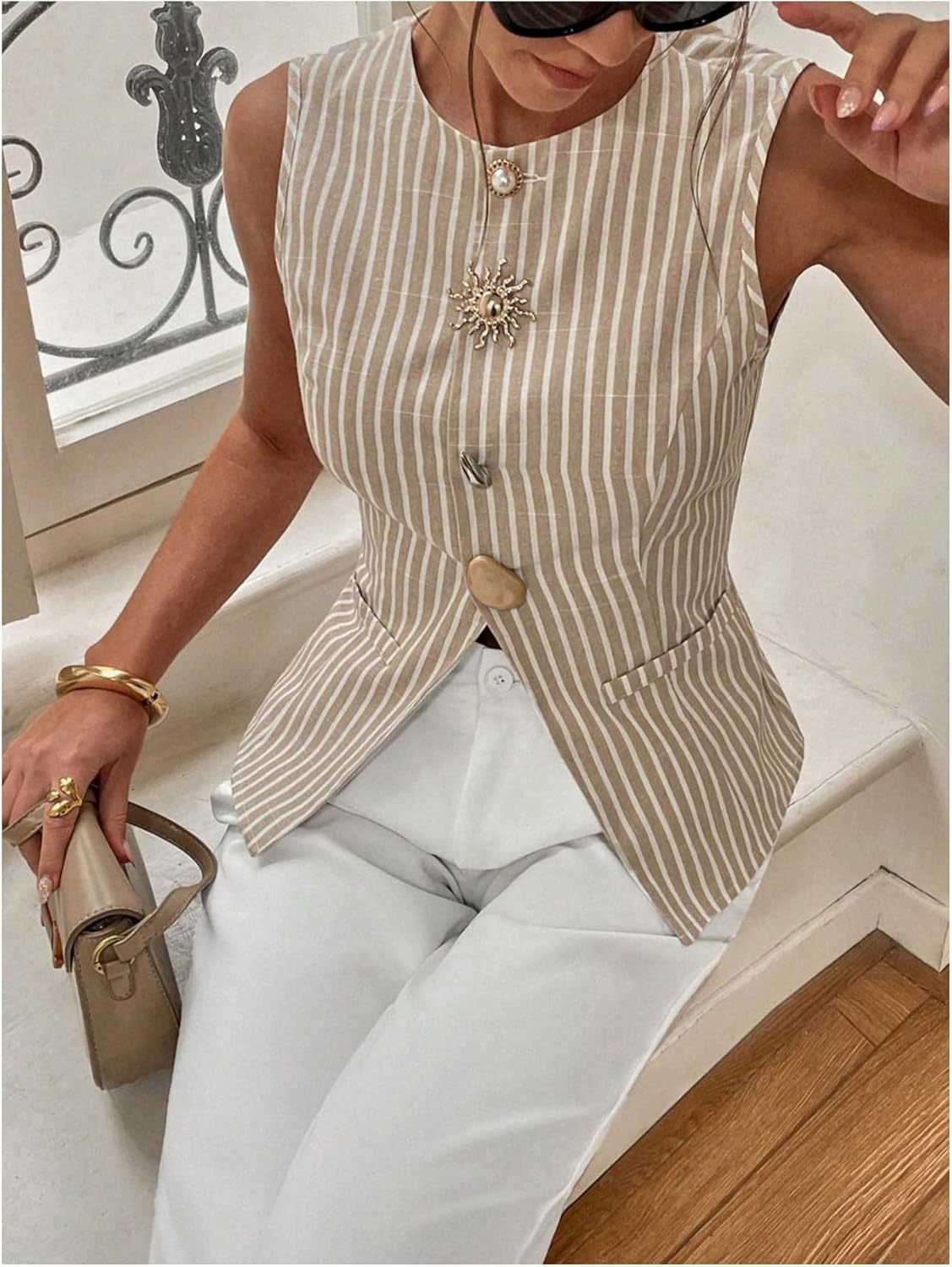 Women's Striped Button Down Tank Top Sleeveless Dressy Vest Business Casual Top