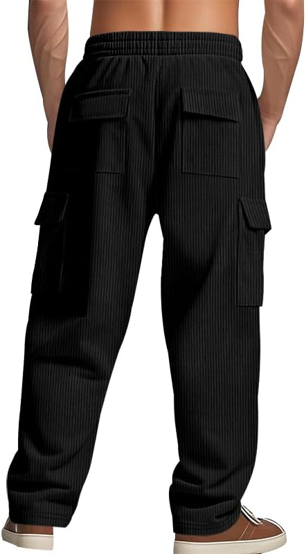 Men Autumn Winter Corduroy Pants Solid Color Fashion Drawstring Cargo Sweatpants with Multiple Pockets Plus Size