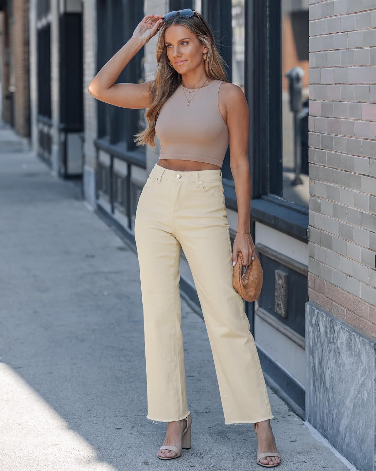 Straight Leg Jeans for Women High Waisted Stretchy Frayed Raw Hem Loose Pants Casual Baggy Jean Trousers
