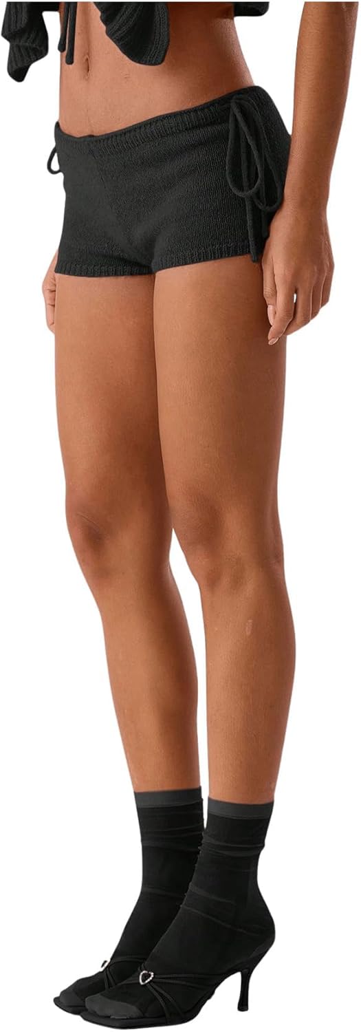 Women's Tie Side Knitted Mini Shorts High Waist Elastic Waisted Summer Cute Shorts