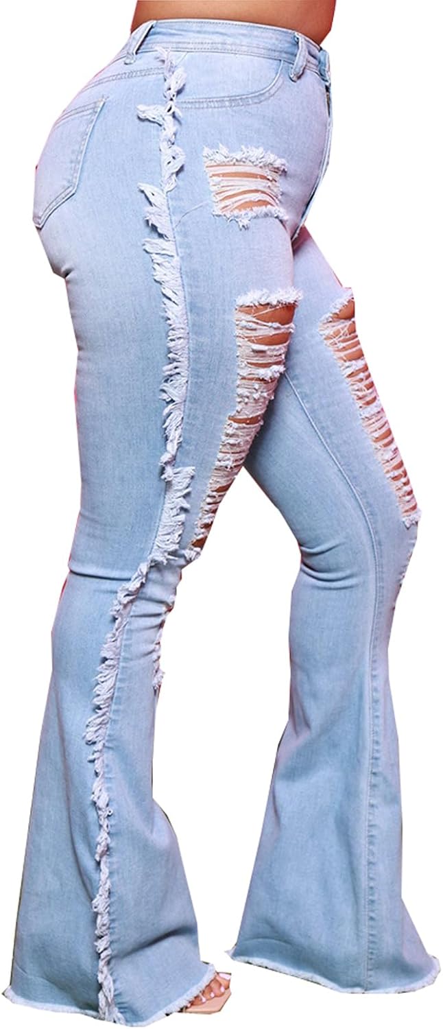 Women Bell Bottom Jeans High Waisted Flare Jean Ripped Hole Classic Bell Bottom Pants