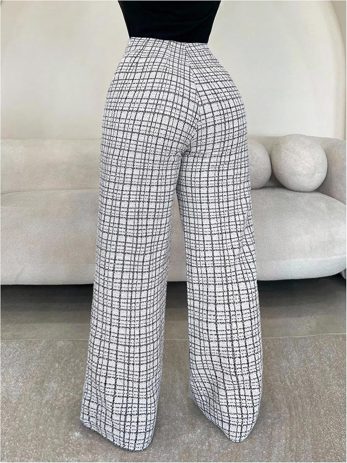 Women's Plaid Wide Leg Tweed Pants Old Money High Waisted Fall Business Casual Trousers