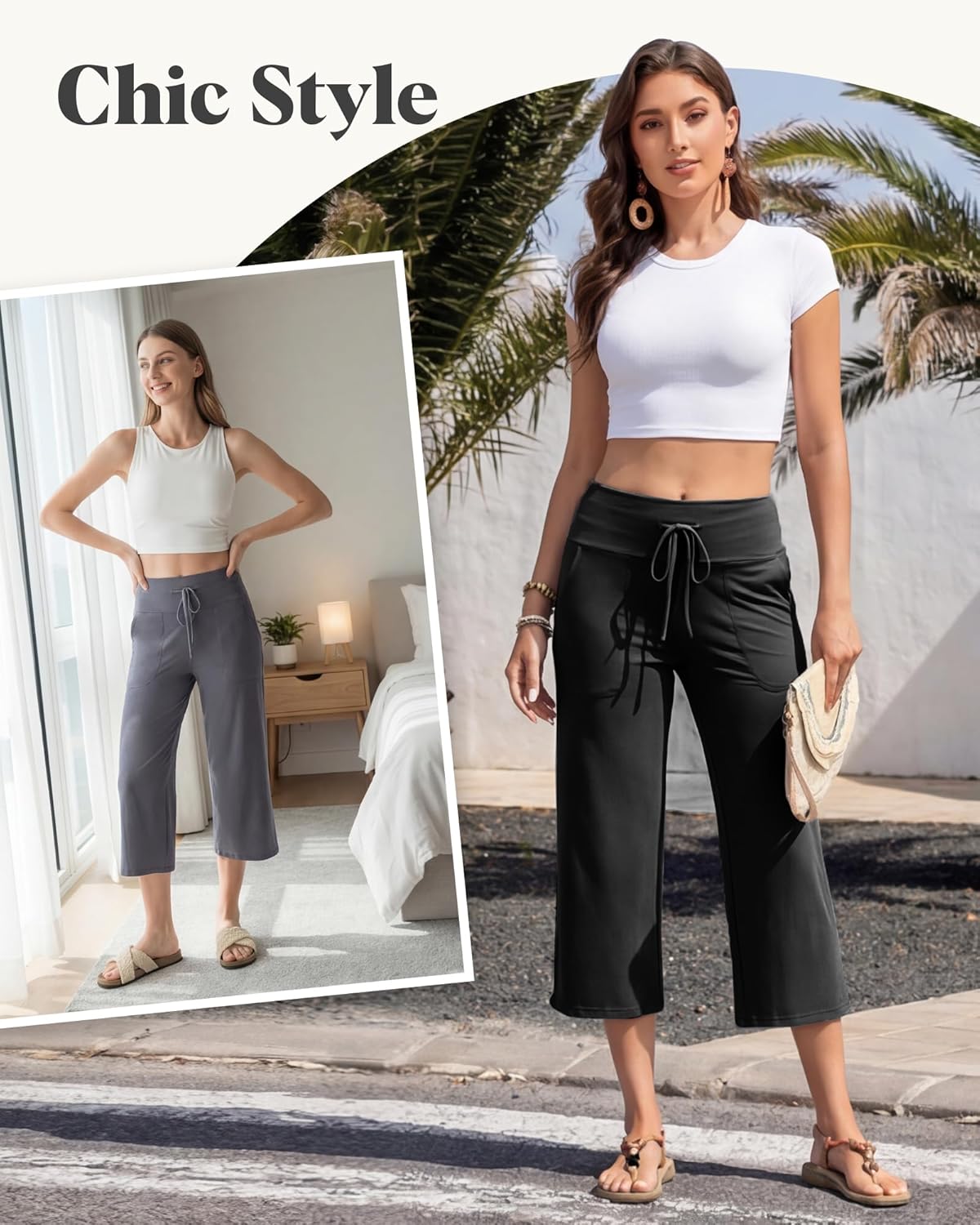 Capri Pants for Women - Wide Leg Loose Casual Trousers with Pockets Summer High Waisted Drawstring Pants