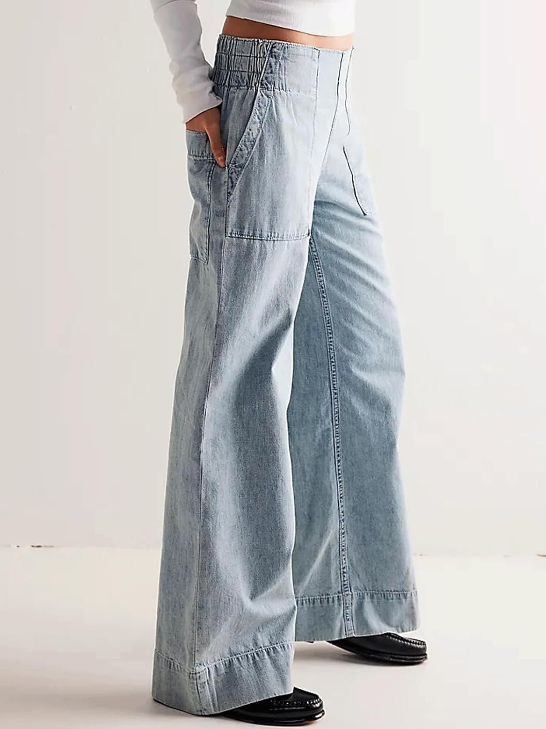 Women's Wide Leg Jeans Casual Baggy Elastic Waist Pull On Jeans Trendy Y2k Boyfriend Pants with Pockets