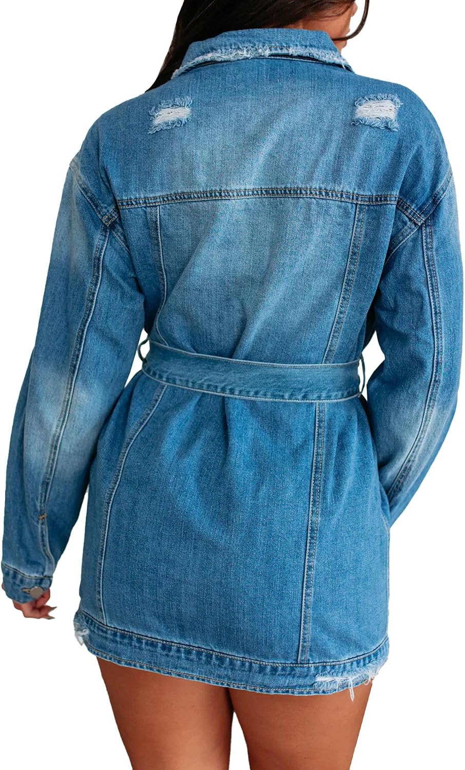 Women's Distressed Jacket Button Down Long Sleeve Ripped Spring Fall Oversized Jean Mini Dress Outerwear