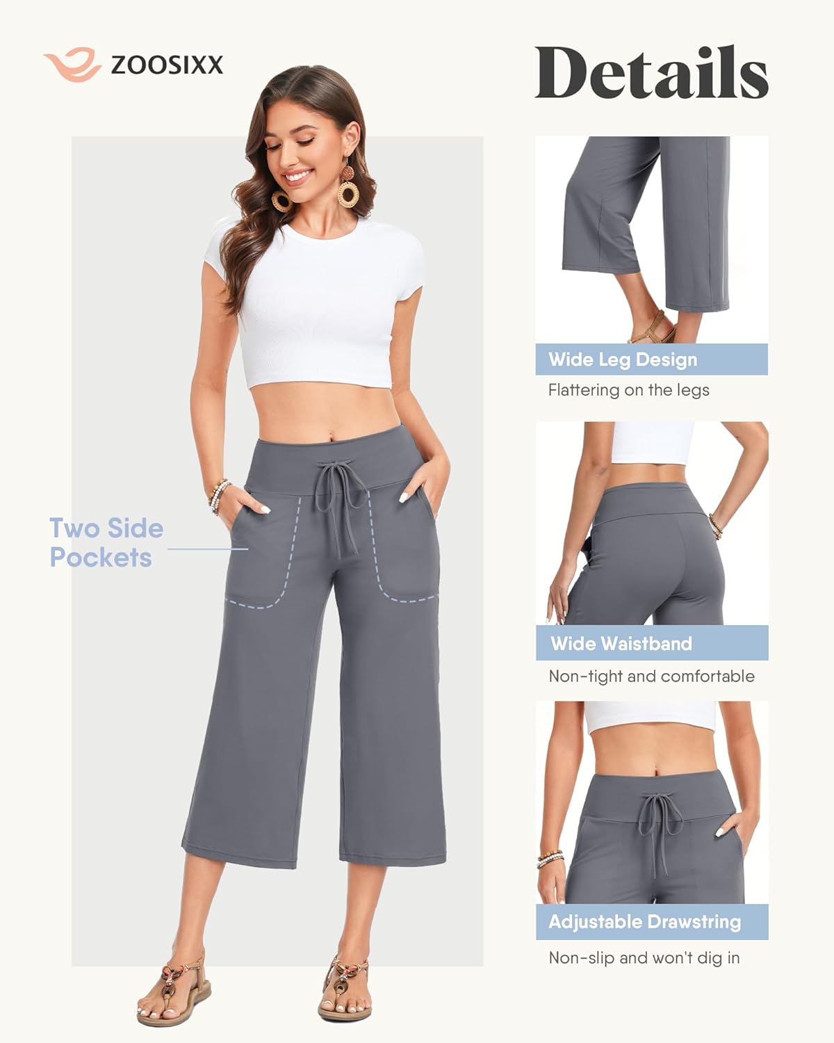 Capri Pants for Women - Wide Leg Loose Casual Trousers with Pockets Summer High Waisted Drawstring Pants