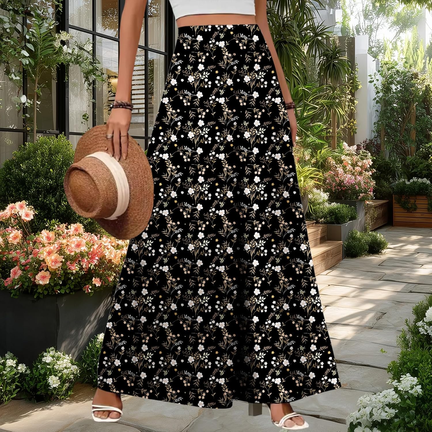 High Waist Floral Print Maxi Pant for Women A Line Flowy Long Pant Summer Vacation Beach Elegant Casual Boho