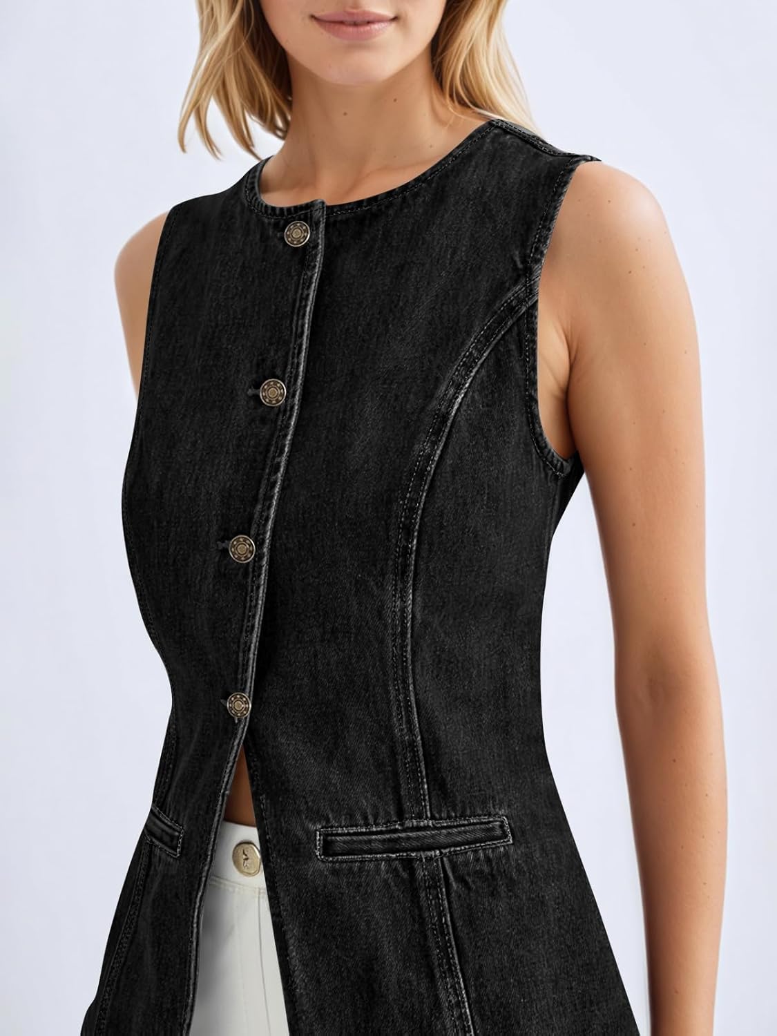 Womens Button Down Vest Trendy Fitted Sleeveless Jean Tank Tops Crew Neck Waistcoat