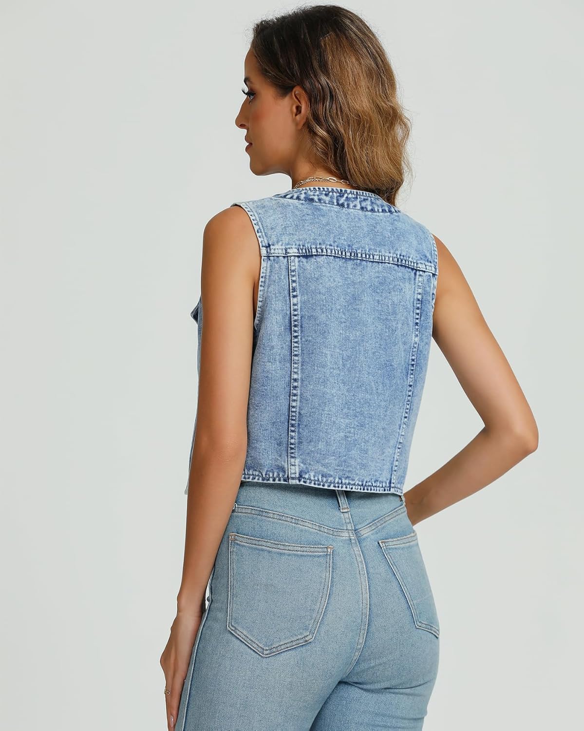 Women's V Neck Vest Asymmetrical Hem Sleeveless Button Front Jean Vests Crop Tops with Pockets