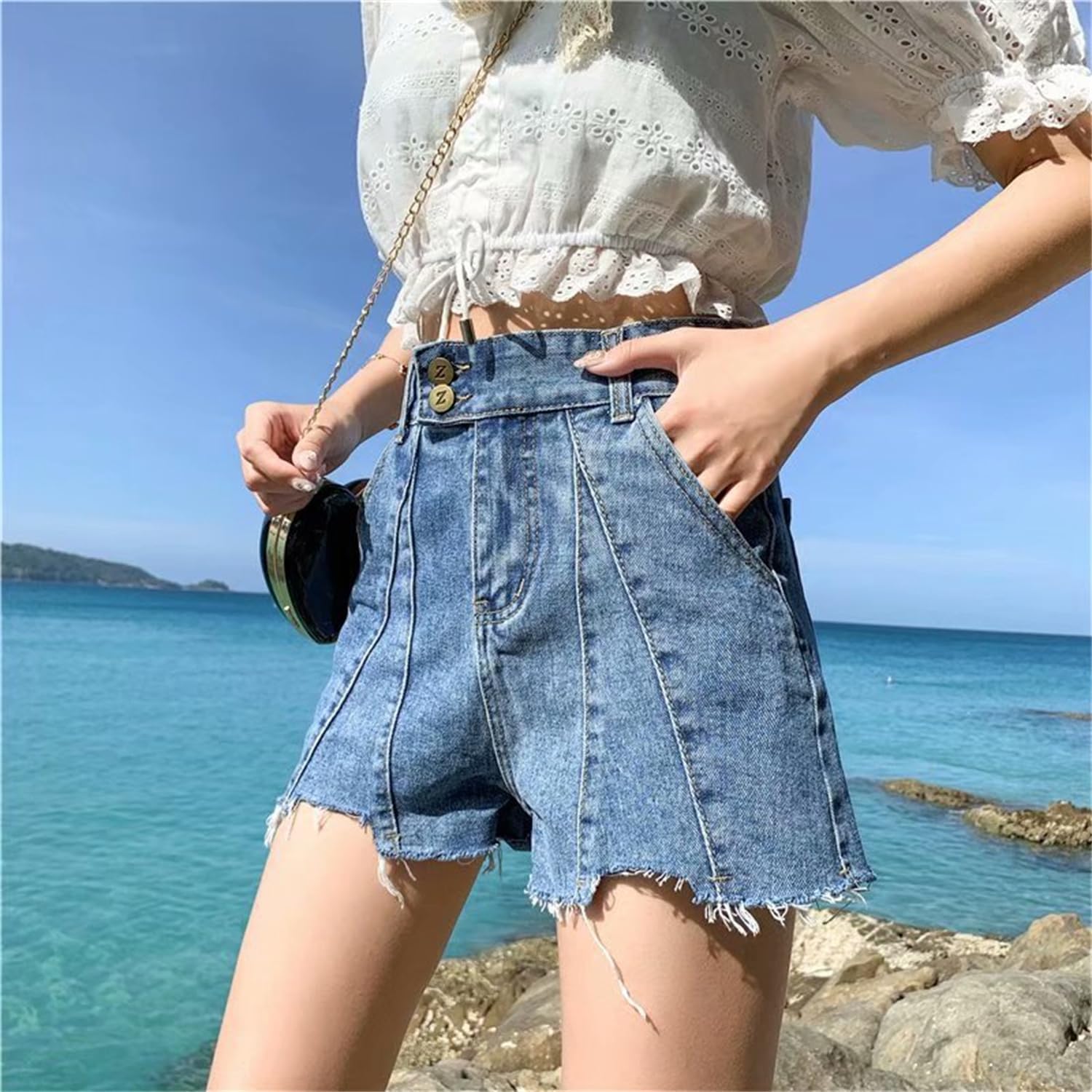 Women Casual Mid Rise Ripped Frayed Shorts Summer Buttoned Distressed Raw Hem Jean Shorts Hotpants