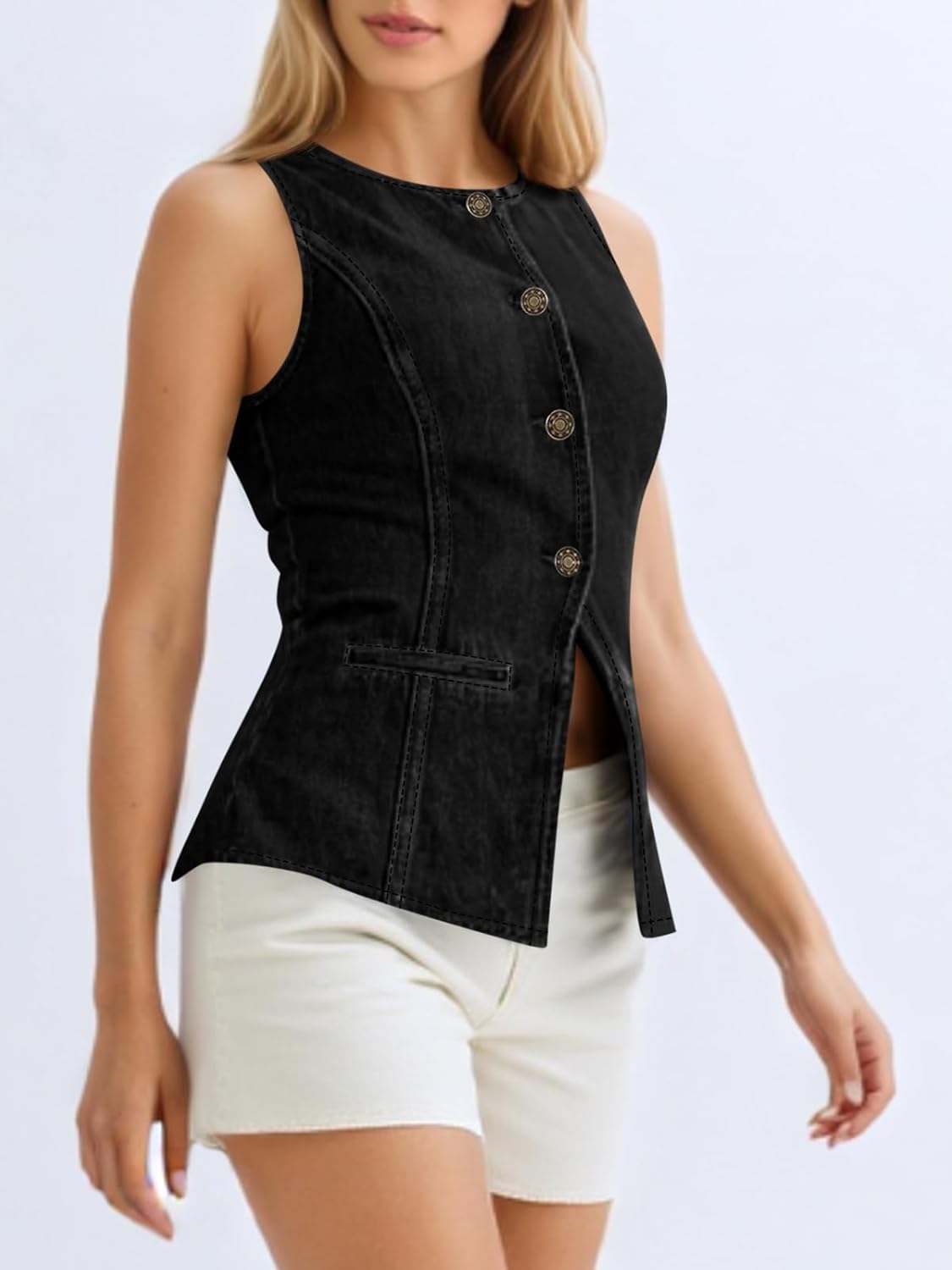 Womens Button Down Vest Trendy Fitted Sleeveless Jean Tank Tops Crew Neck Waistcoat