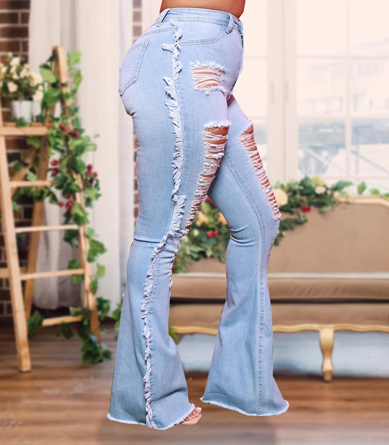 Women Bell Bottom Jeans High Waisted Flare Jean Ripped Hole Classic Bell Bottom Pants