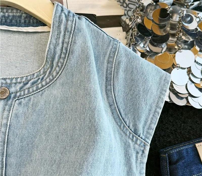 Womens Vest Sleeveless Jean Waistcoat Round Neck Button Front Cropped Jacket