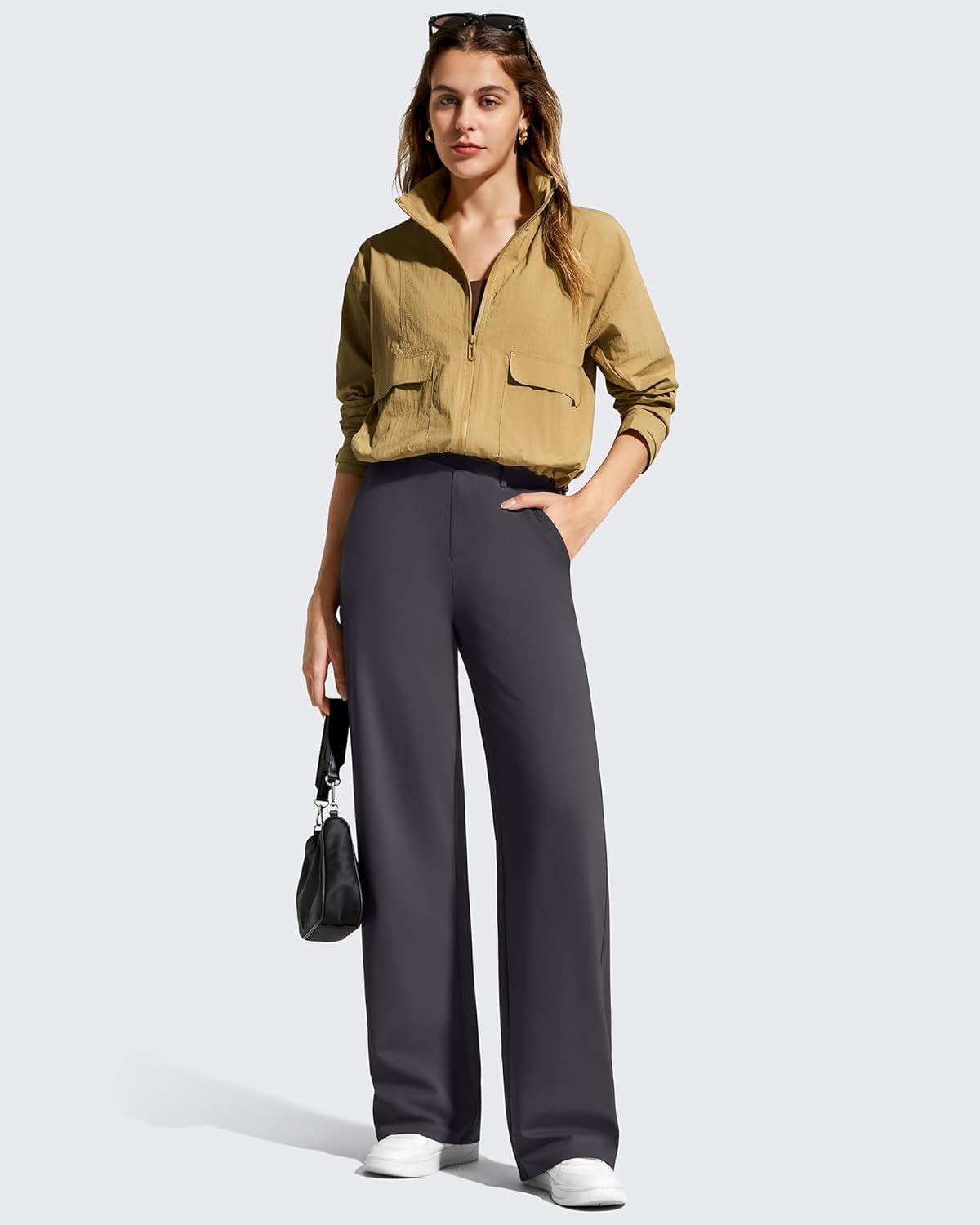 Women's Wide Leg Dress Pants Pull On Stretchy High Waisted Casual Trousers with Pockets