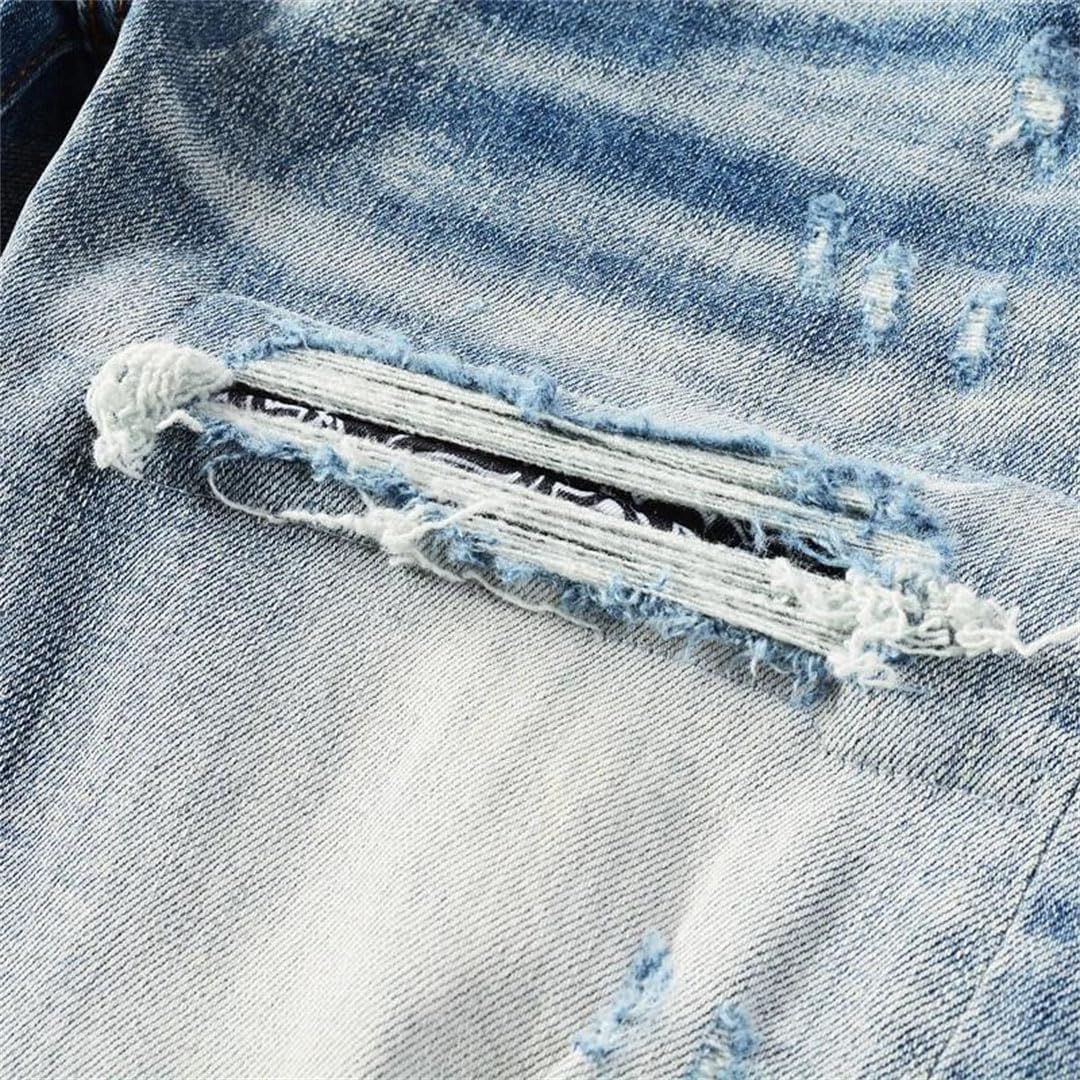 Men's Wrinkle Design Washed Stretch Slim Fit Patch Jeans