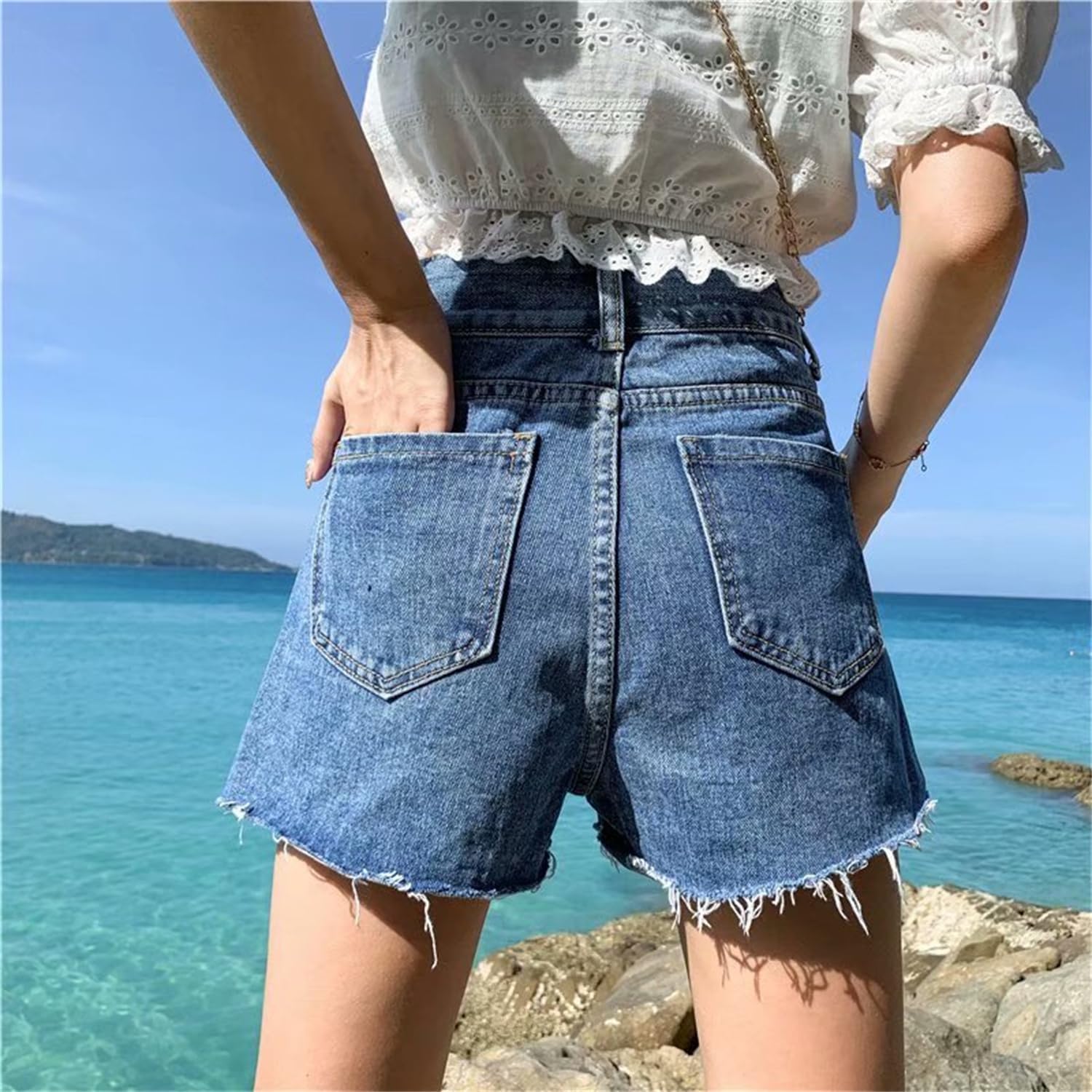 Women Casual Mid Rise Ripped Frayed Shorts Summer Buttoned Distressed Raw Hem Jean Shorts Hotpants