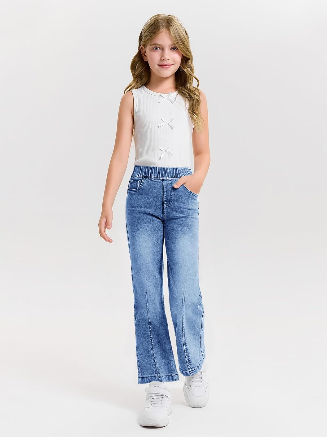 Girls Wide Leg Jeans Kids Elastic Waist Pull On Stretchy Baggy Pants with Pockets -14 Years
