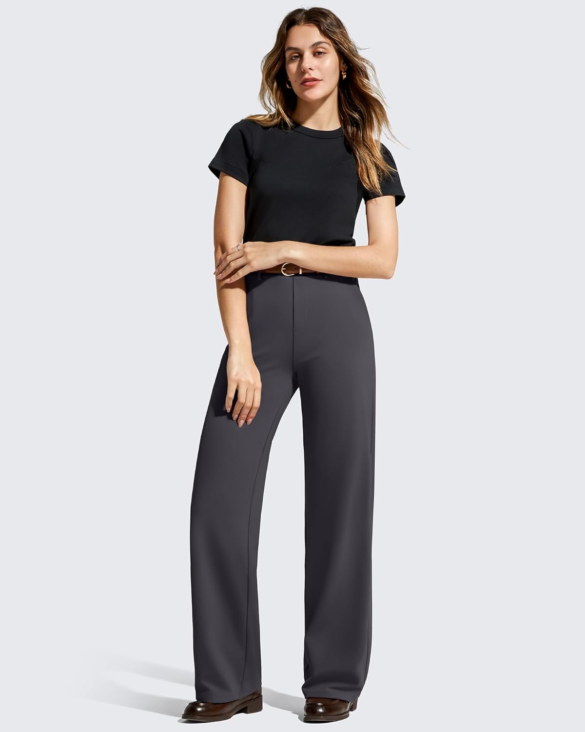 Women's Wide Leg Dress Pants Pull On Stretchy High Waisted Casual Trousers with Pockets