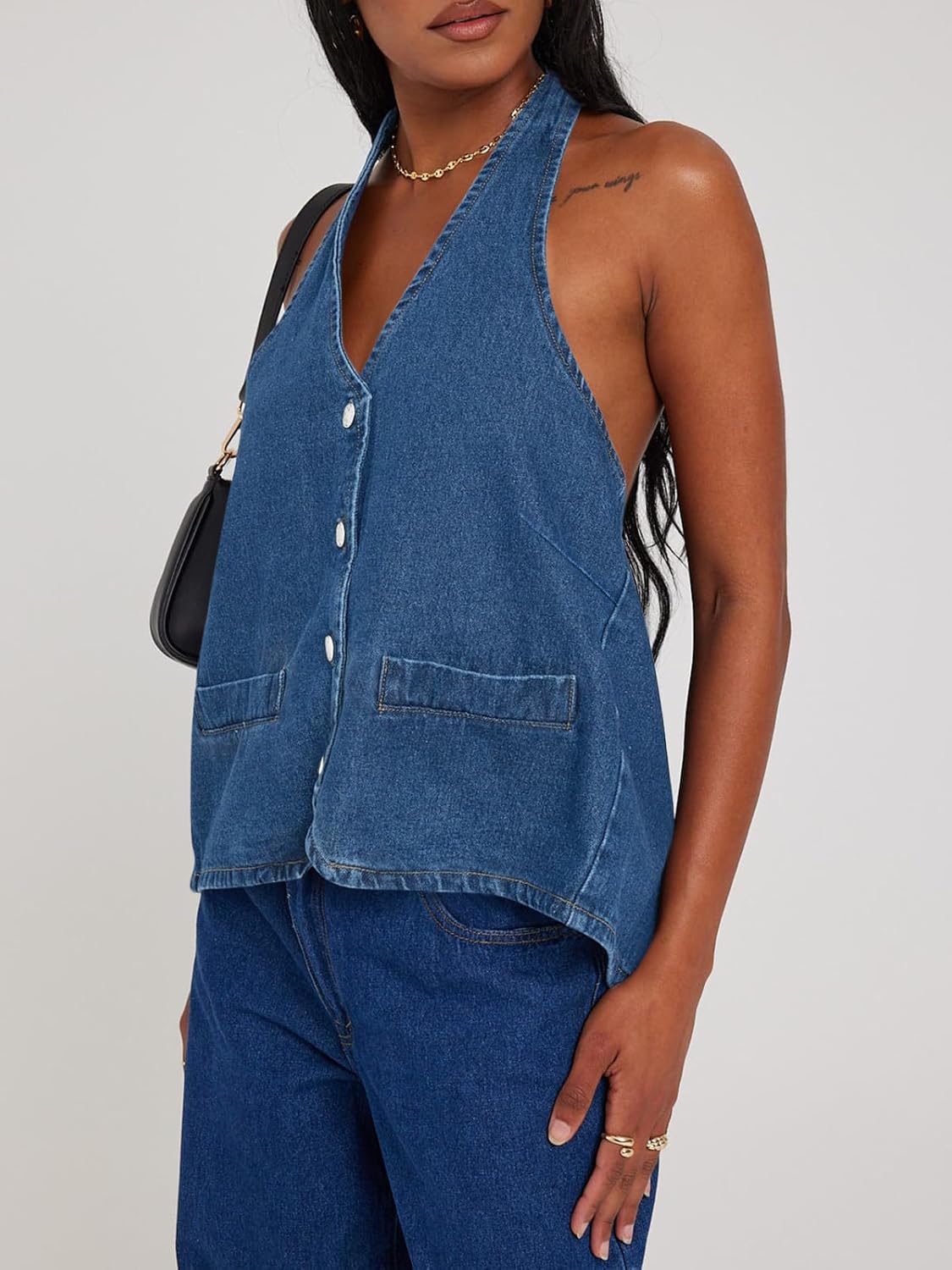 Womens Halter Vest Tops Summer Sleeveless Open Back Y2K Going Out Jean Tank Tops V Neck Button Up Waistcoat
