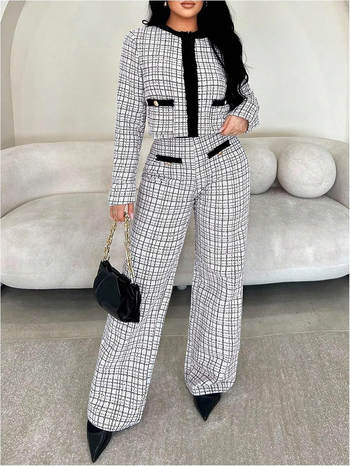 Women's Plaid Wide Leg Tweed Pants Old Money High Waisted Fall Business Casual Trousers