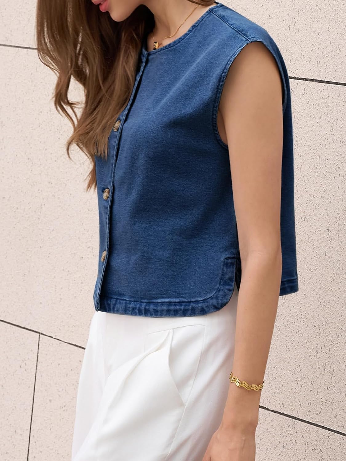 Womens Cropped Cap Sleeve Vest Summer Button Down Jean Tank Tops Trendy Casual Waistcoats