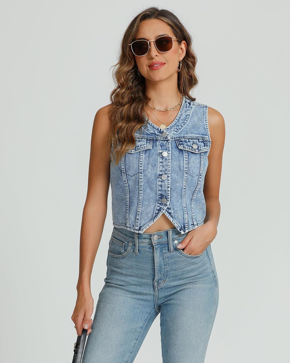 Women's V Neck Vest Asymmetrical Hem Sleeveless Button Front Jean Vests Crop Tops with Pockets