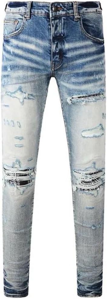 Men's Wrinkle Design Washed Stretch Slim Fit Patch Jeans
