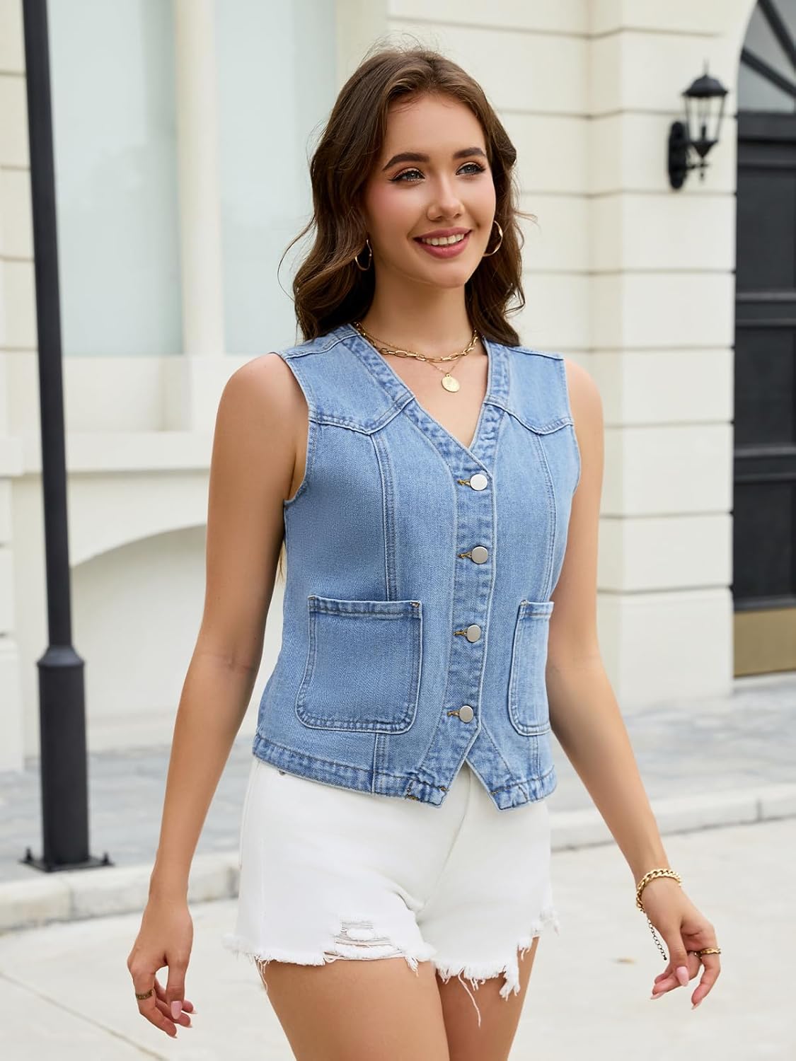 Women Vest Sleeveless V Neck Button Down Jean Waistcoat Summer Casual Tank Top with Pocket
