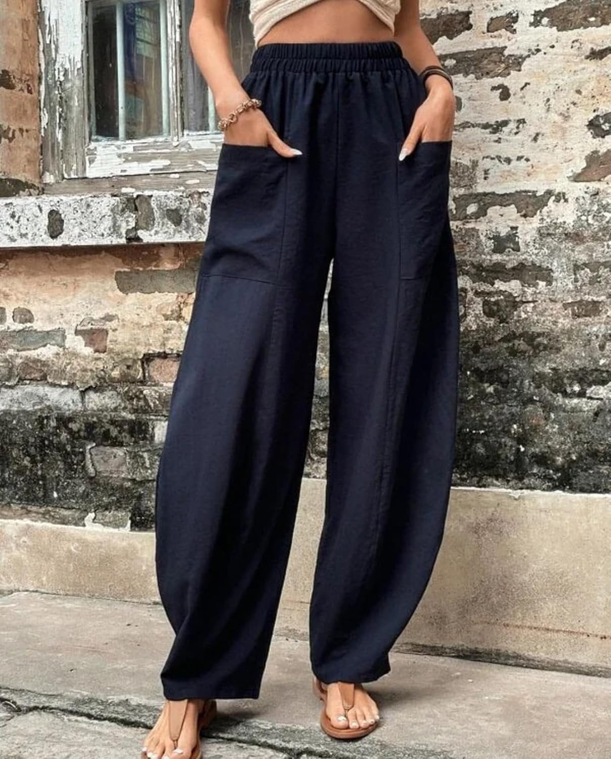 Women Casual Elastic Waisted Wide Leg Pants Fall Solid Color Trousers Loose Fit Sports Fashion Pants