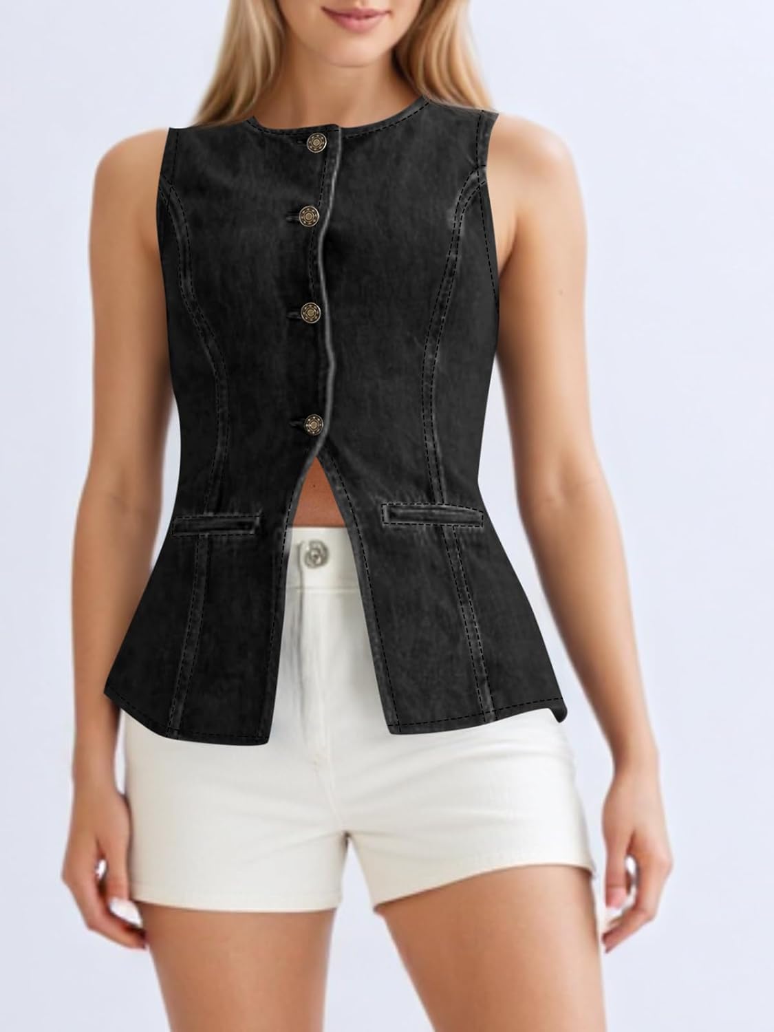 Womens Button Down Vest Trendy Fitted Sleeveless Jean Tank Tops Crew Neck Waistcoat