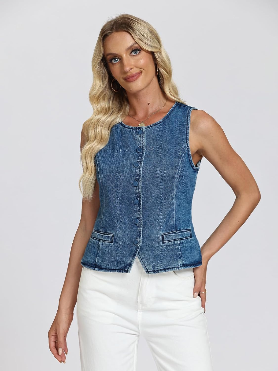 Women Vest Sleeveless Crew Neck Button Down Jean Vest Tank Tops Trendy Casual Jean Jacket Waistcoat