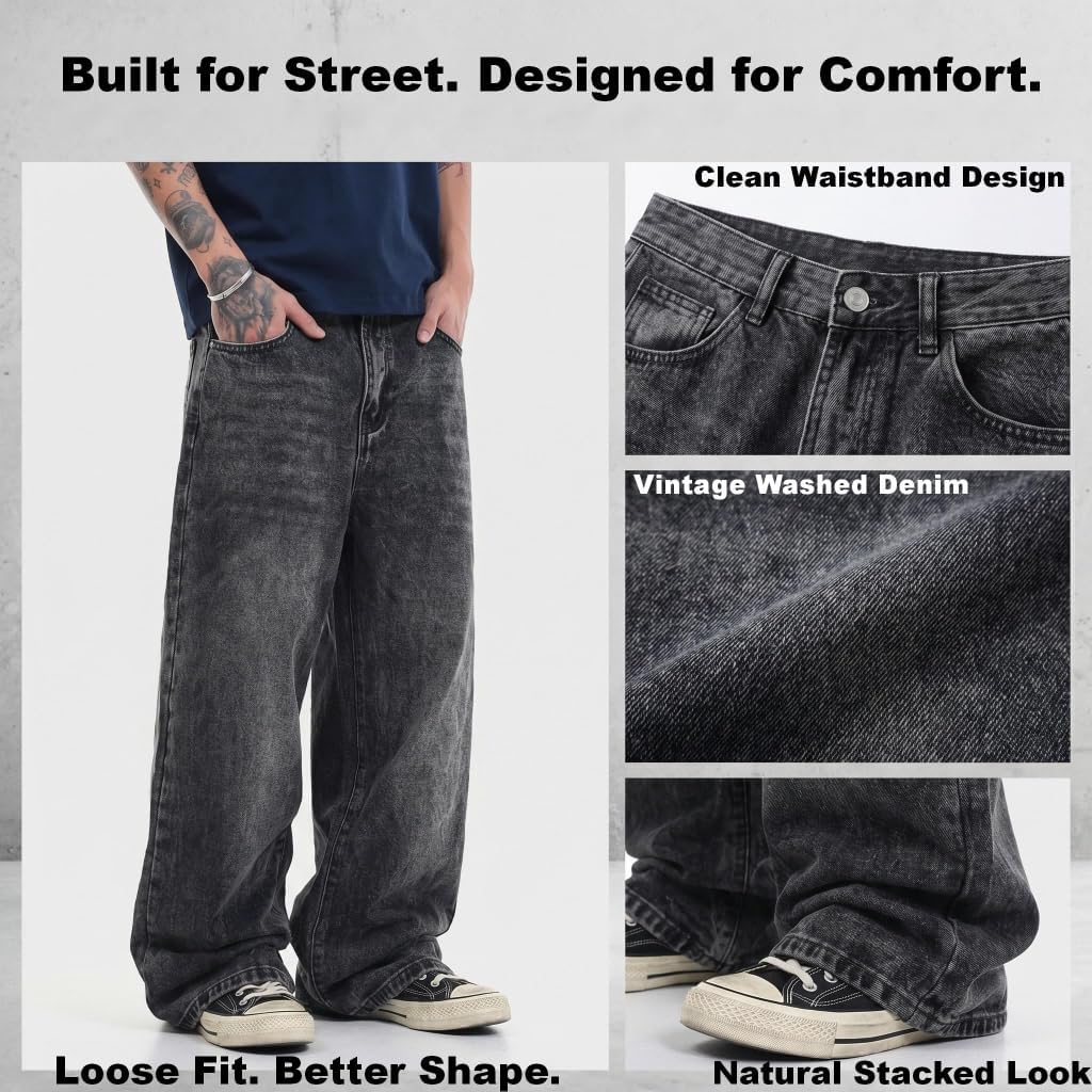 Baggy Jeans Men Wide Leg Graphic Pants Vintage Washed Loose Fit Y2K Streetwear