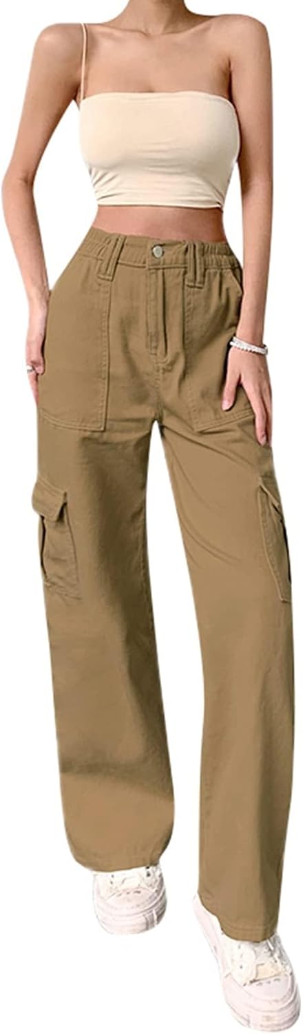 High Waisted Cargo Pants for Women Casual Wide Leg Trousers Baggy Stretch Y2k Cargo Jeans with Pockets