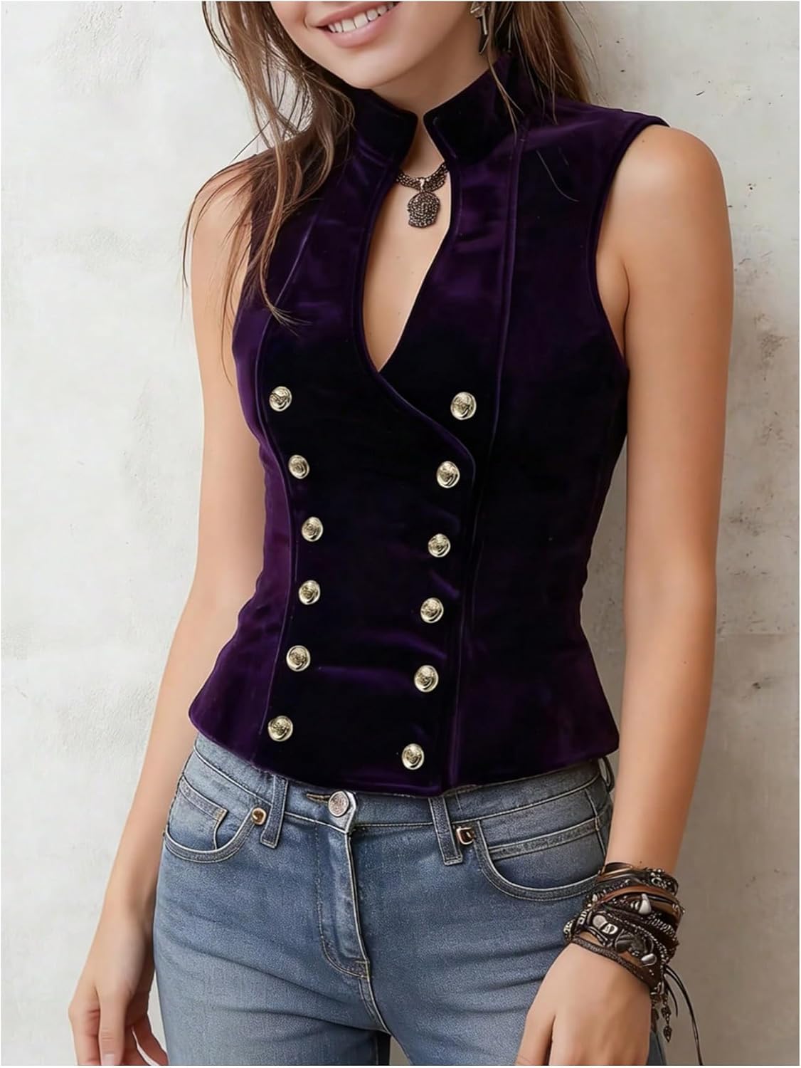 Women Velvet Mock Neck Vest Top Double Breasted Botton Sleeveless Vintage Tank Tops
