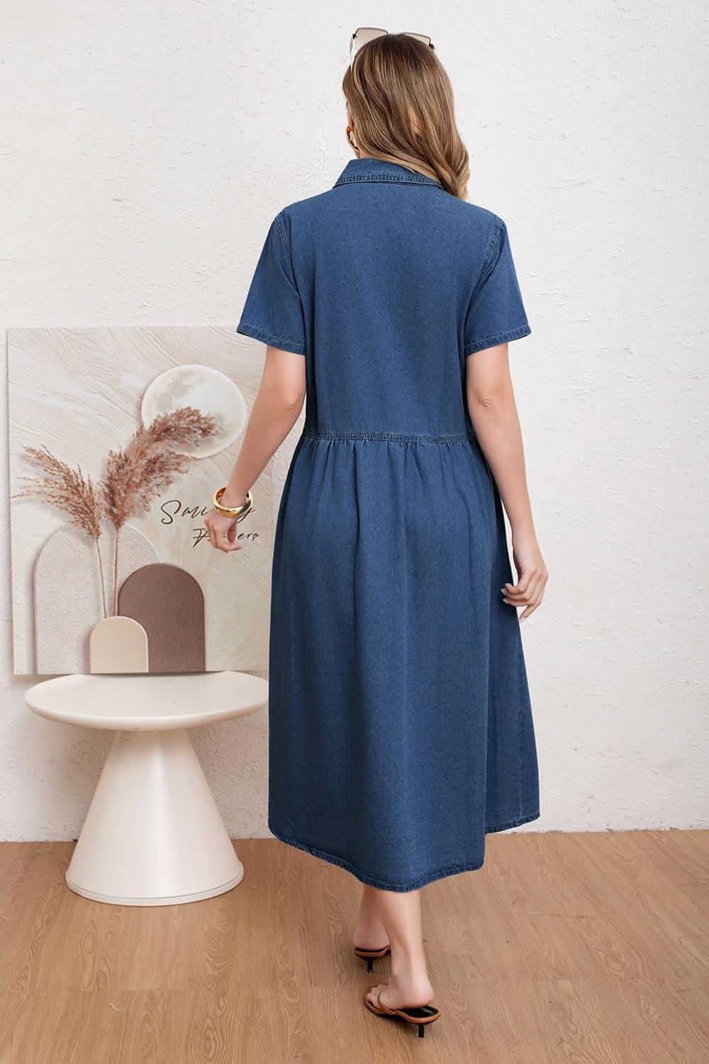 Womens Dress Lapel Short Sleeve Frayed Hem Jean Dresses Oversized Button Down A Line Shirt Dress