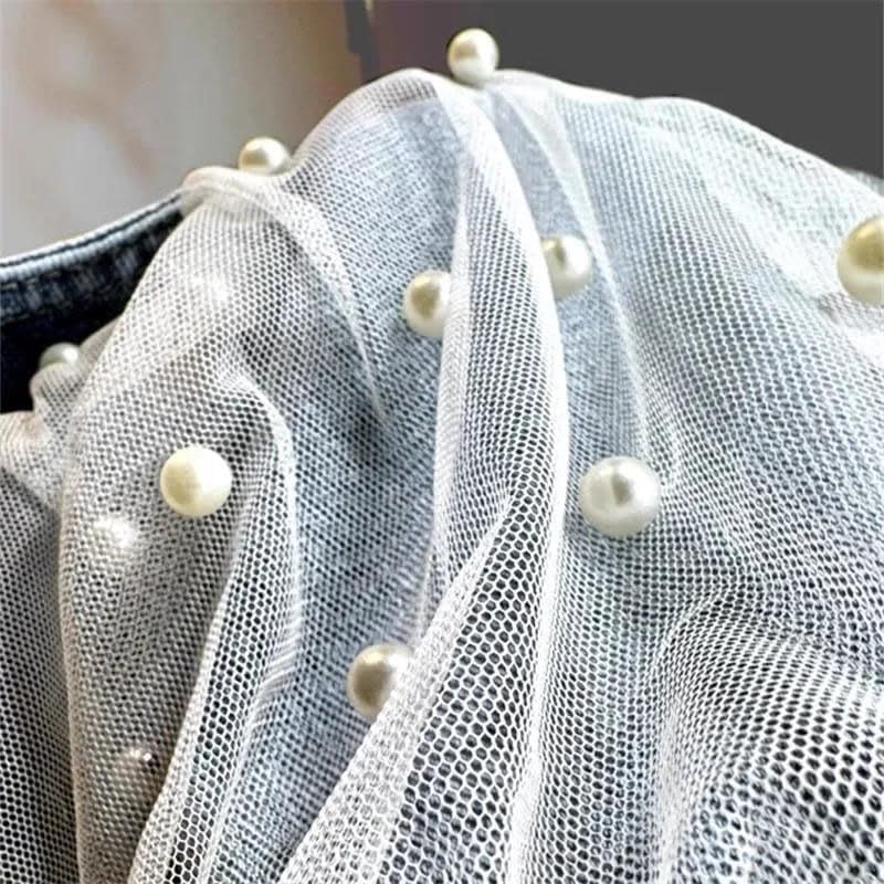 Womens Pearls Beaded Vest Sleeveless Jean Waistcoat Mesh Patchwork Cropped Jacket
