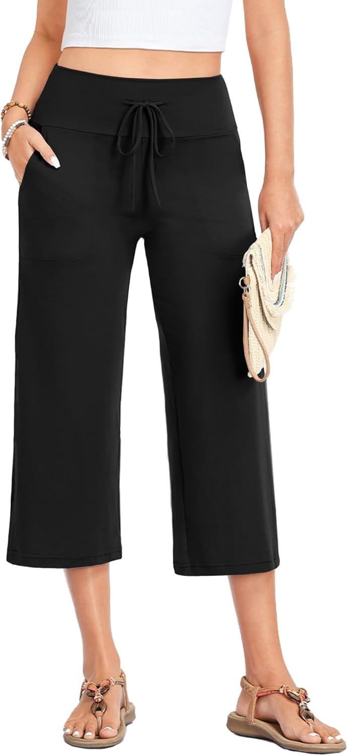 Capri Pants for Women - Wide Leg Loose Casual Trousers with Pockets Summer High Waisted Drawstring Pants