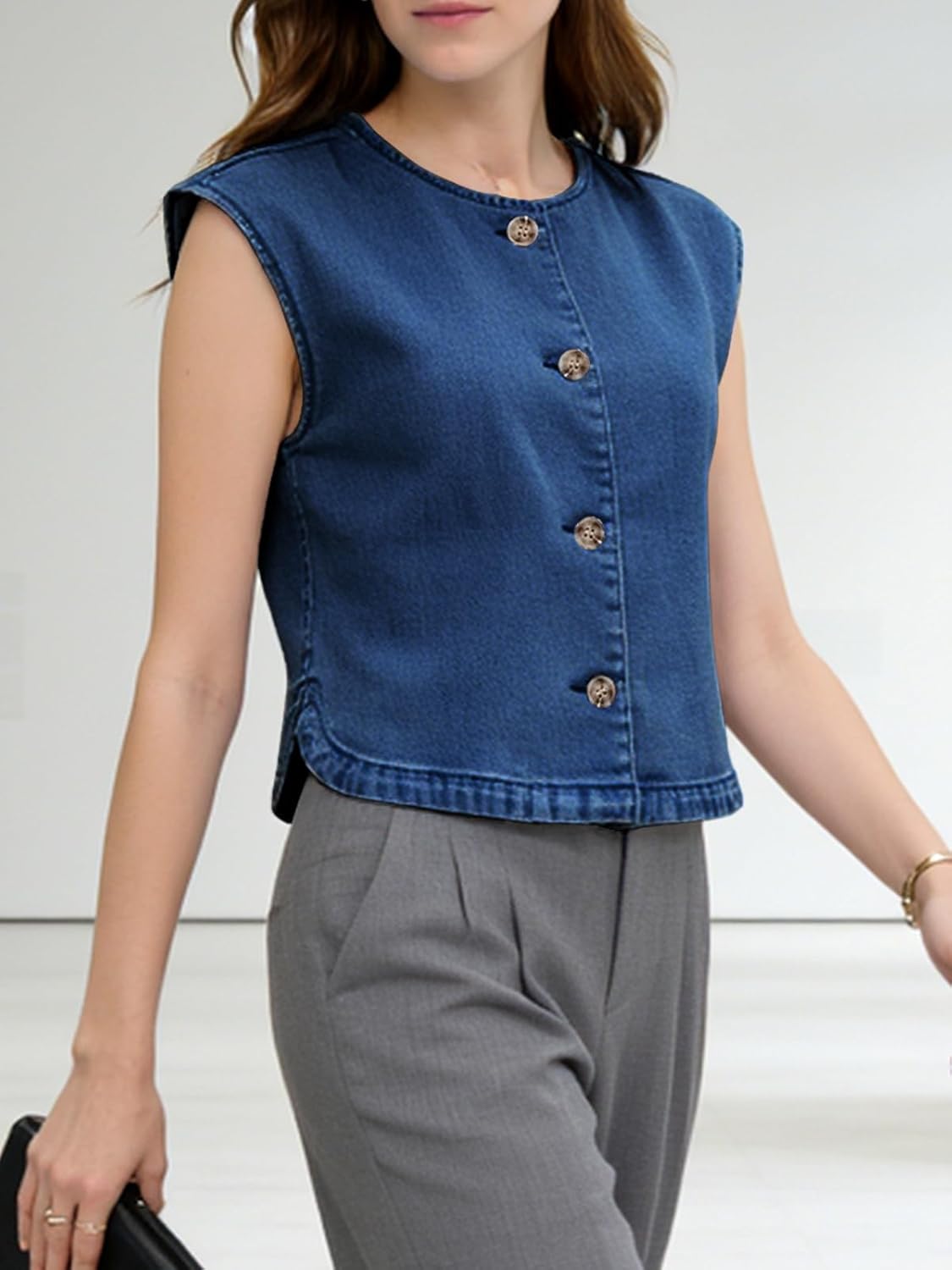 Womens Cropped Cap Sleeve Vest Summer Button Down Jean Tank Tops Trendy Casual Waistcoats