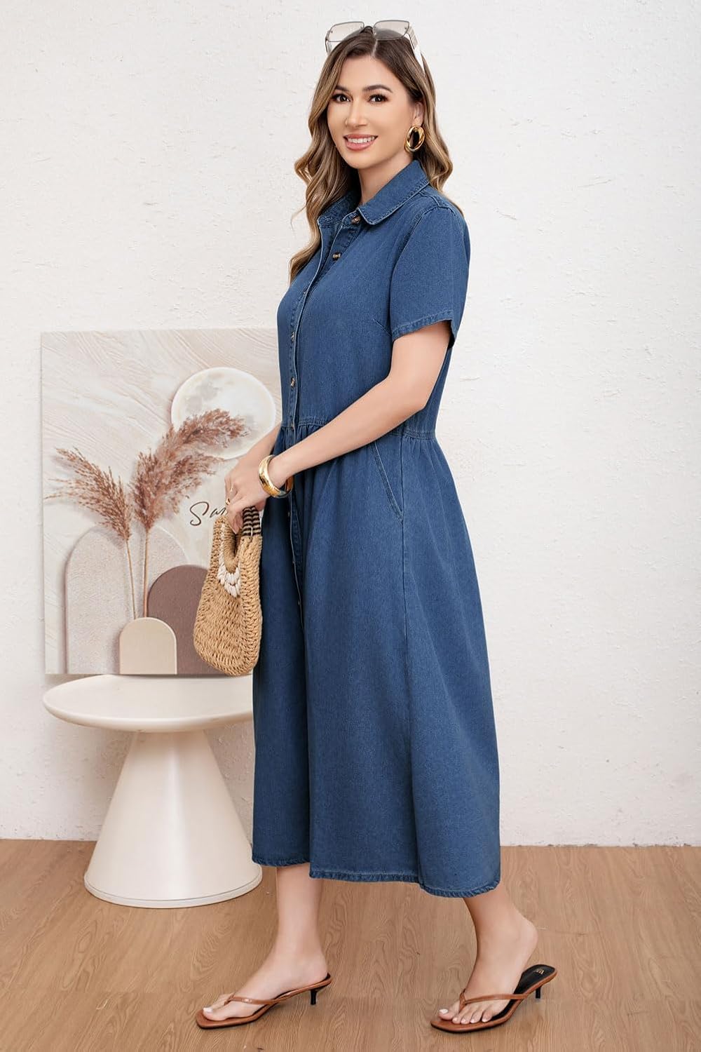 Womens Dress Lapel Short Sleeve Frayed Hem Jean Dresses Oversized Button Down A Line Shirt Dress