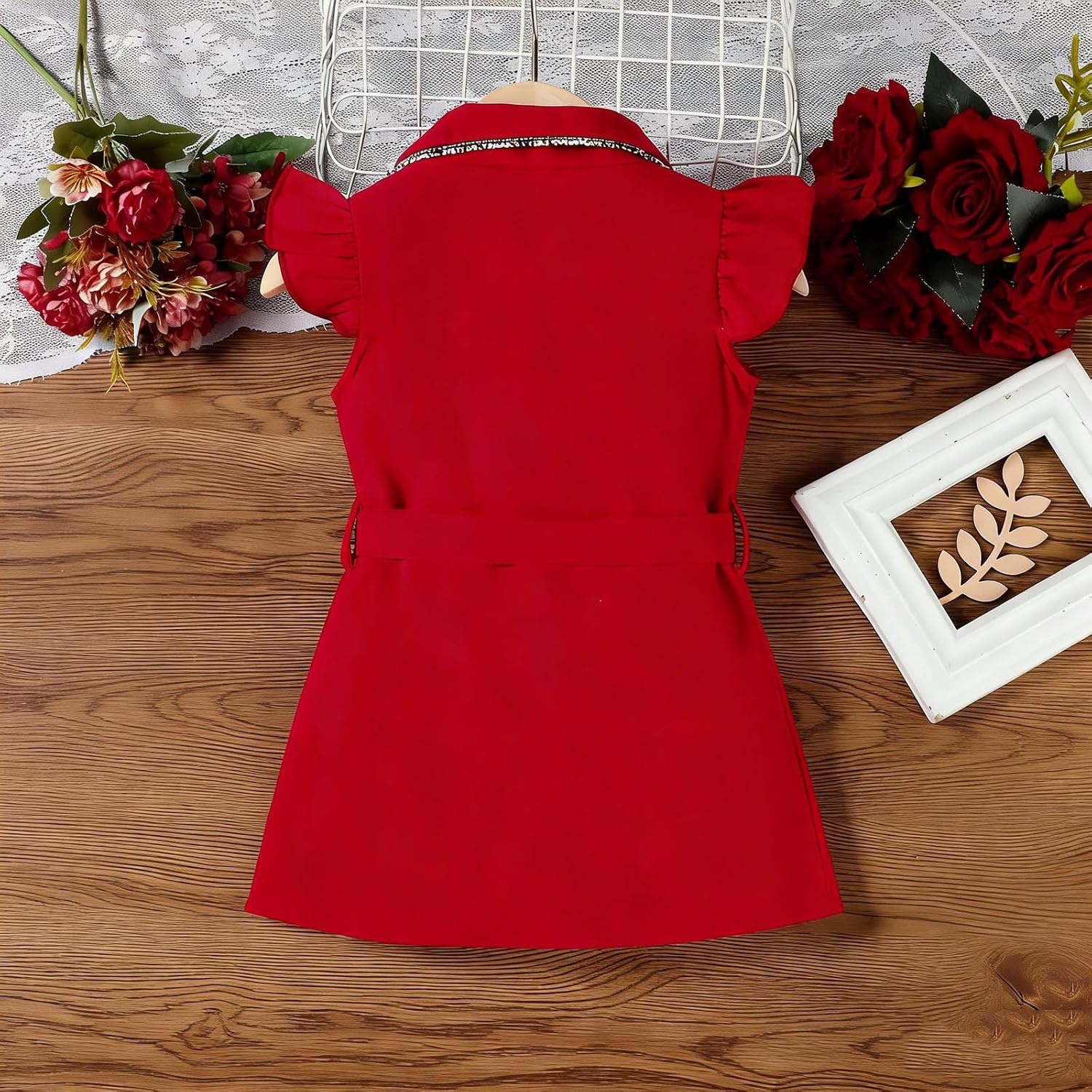 Girls Double Breasted Summer Mini Dresses Elegant Ruffle Sleeveless Belted Blazer Dress for -8 Years