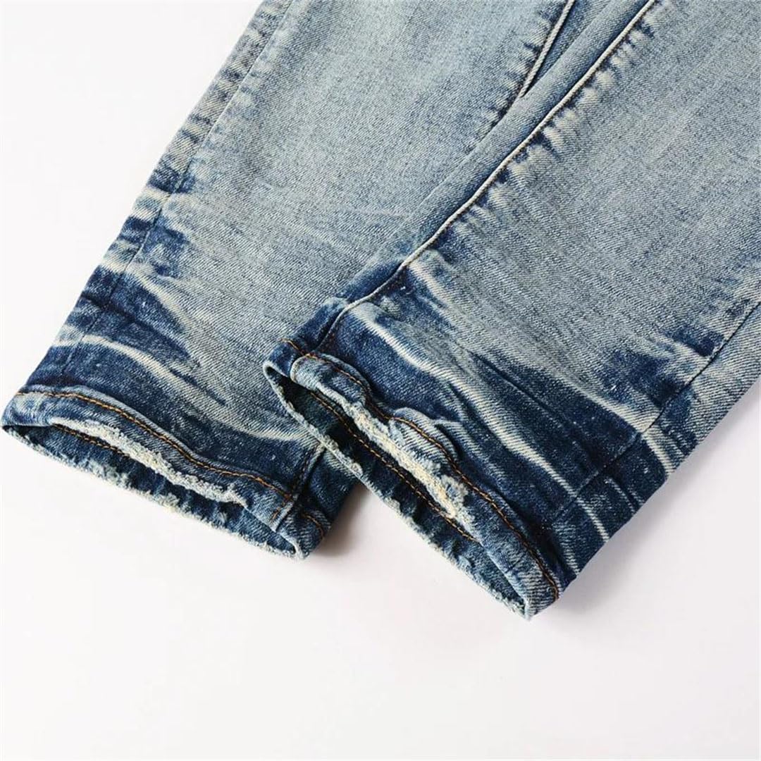 Men's Wrinkle Design Washed Stretch Slim Fit Patch Jeans