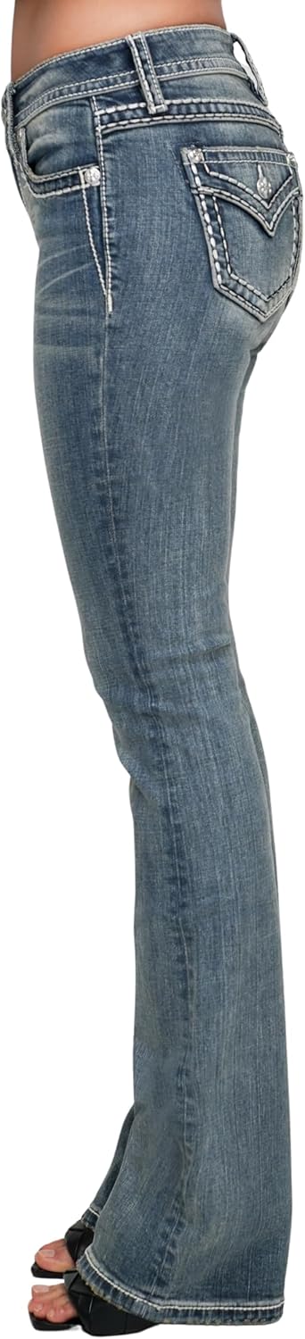 Women's Sloane Border Stitched Faux Flap Pockets Mid-Rise Bootcut Jeans