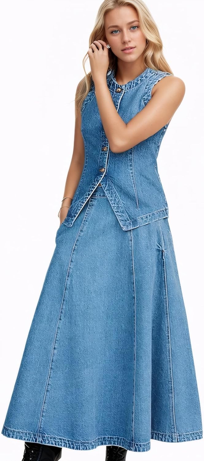 Women Vest Sleeveless Crewneck Button Down Jean Waistcoat Casual Front Slit Slim Tank Top