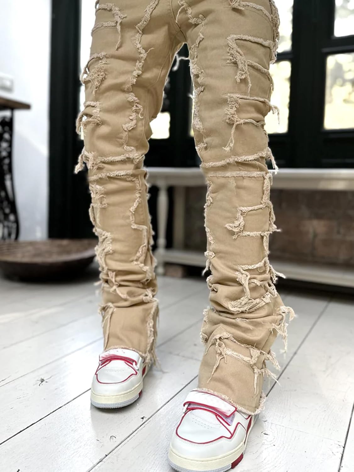 Jeans for Men Stretch Fit Skinny Stacked Ripped Destroyed Jeans Slim Fit Patch Y2K Pants Slim Fit Trousers Streetwear