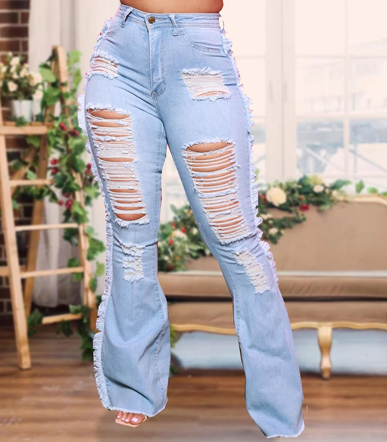 Women Bell Bottom Jeans High Waisted Flare Jean Ripped Hole Classic Bell Bottom Pants
